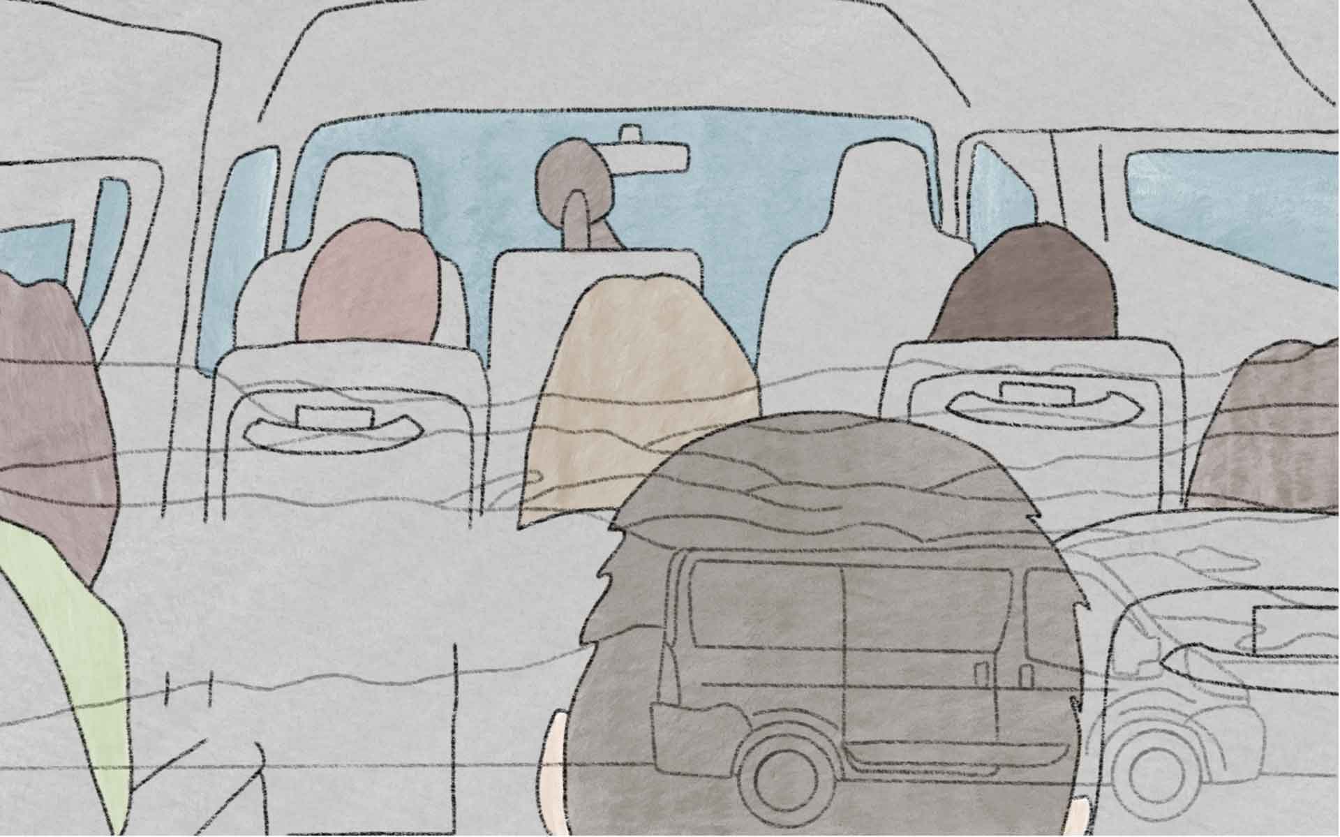 Stylized illustration of students inside a van.