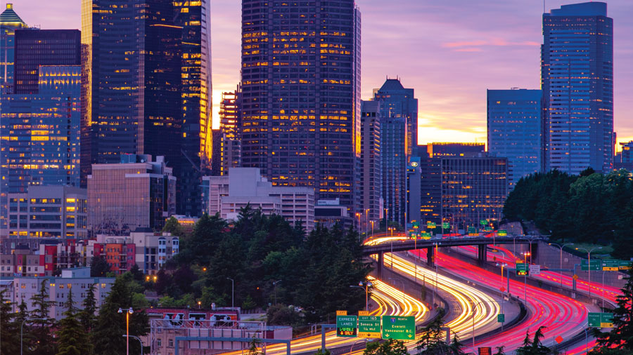 Seattle city skyline at dusk