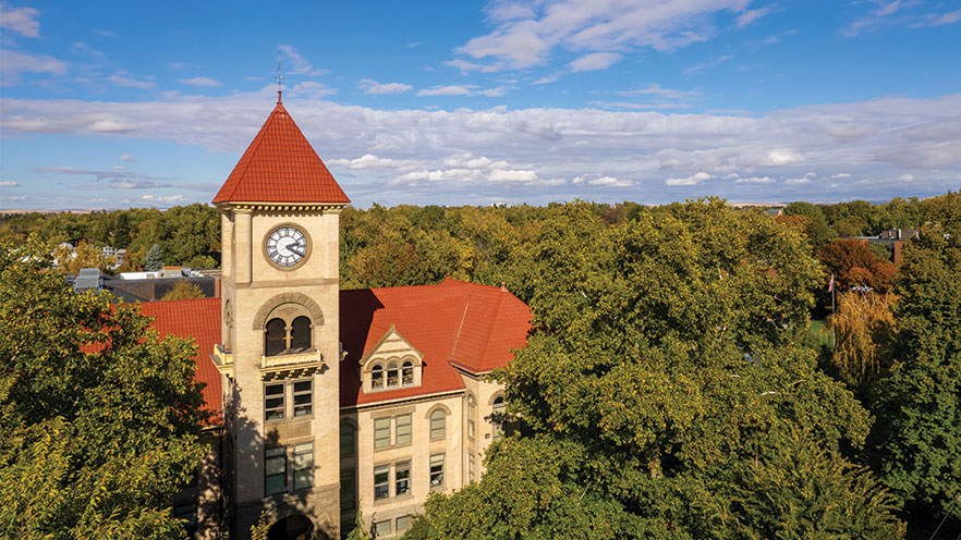 Memorial Building clock tower as seen from a drone.