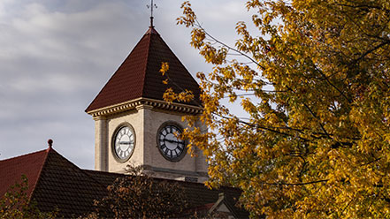Memorial Building clock tower with fall leaves.