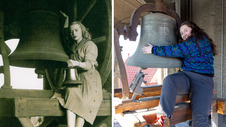 Collage of two image from inside the clock tower.