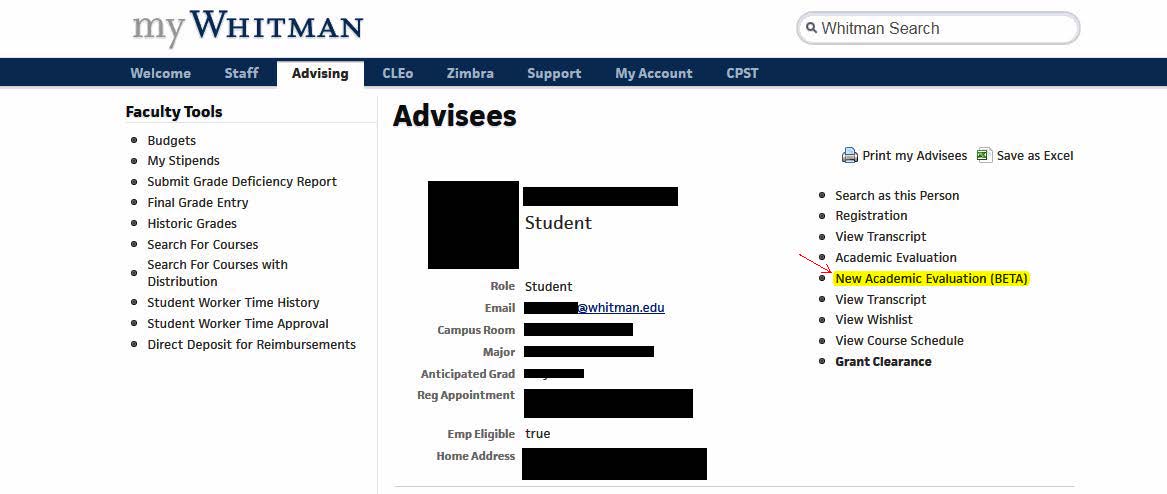 Whitman Advising Page Screenshot