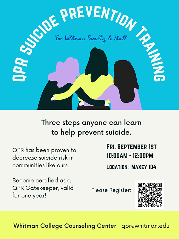 a view of the back of 3 people as they embrace, blue background, white title, event description