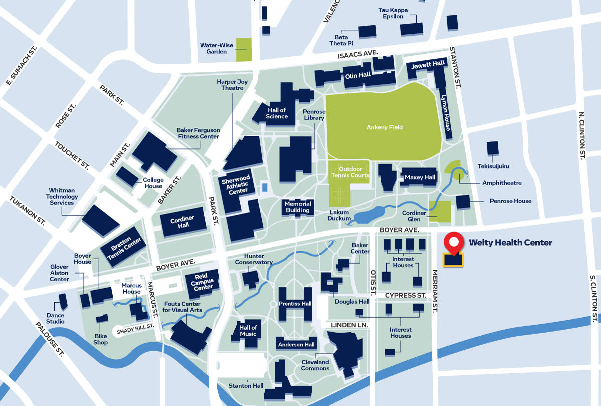 Map of Campus with Health Center Highlighted