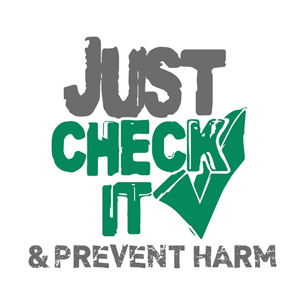 Gray and green logo that says "Just Check It & Prevent Harm"
