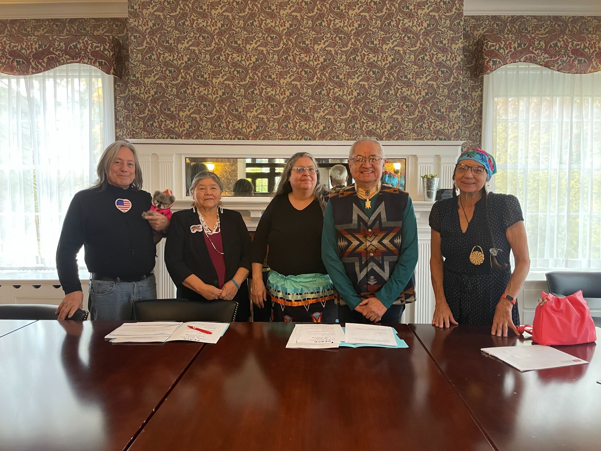 The 2024–2025 members of PEACE (from left to right): Micheal Leslie Minthorn, Mildred Quaempts, Dr. Eugena “Sugar Bear” Stacona, Elwood “Woody” Patawa and Jennifer Mitscoytakin Mesteth 