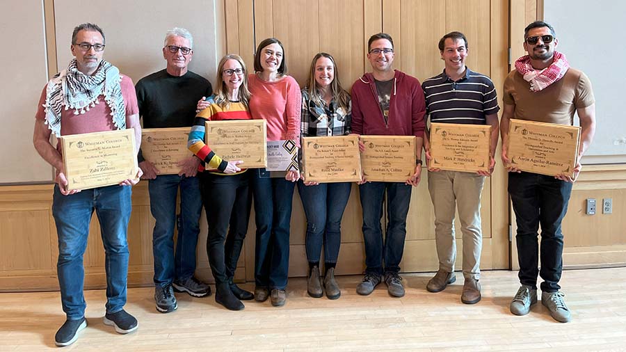 From left to right, Zahi Zalloua, Pat Spencer, Richele Heilbrun, Arielle Cooley (Alumni Award), Rosie Mueller, Jon Collins, Mark Hendricks and Aaron Aguilar-Ramirez. 