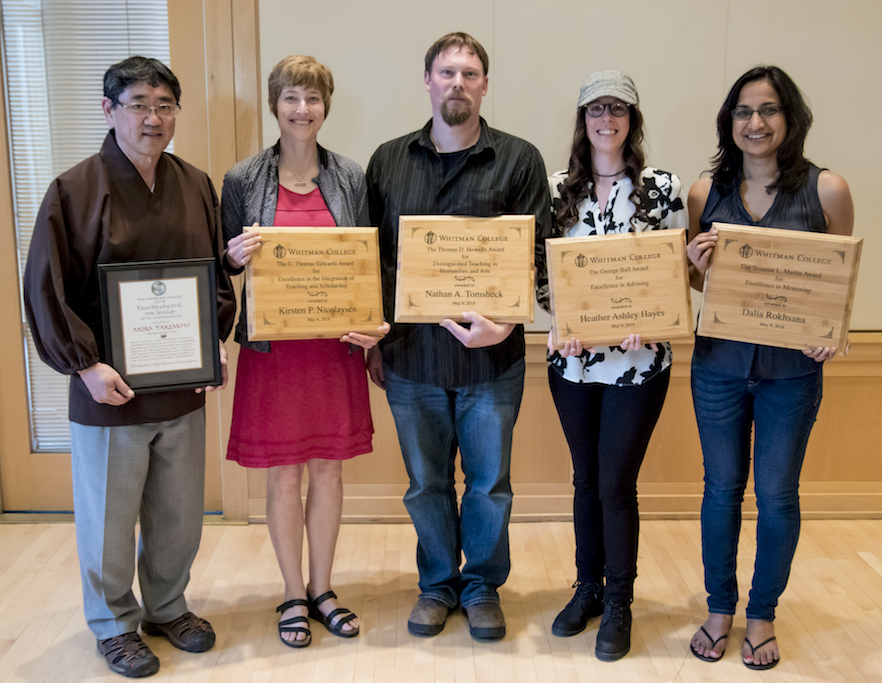 From left: Assistant Professor of Japanese Ron Takemoto, Associate Professor of Geology Kirsten Nicolaysen, Senior Lecturer of Theatre and Technical Director Nate Tomsheck, Assistant Professor of Rhetoric Studies Heather Hayes and Associate Professor of Chemistry Dalia Rokhsan. Not pictured: Associate Professor of Mathematics Doug Hundley and Assistant Professor of Psychology Erin Pahlke. 