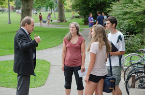 George Bridges greets parents and students on move-in day 2013