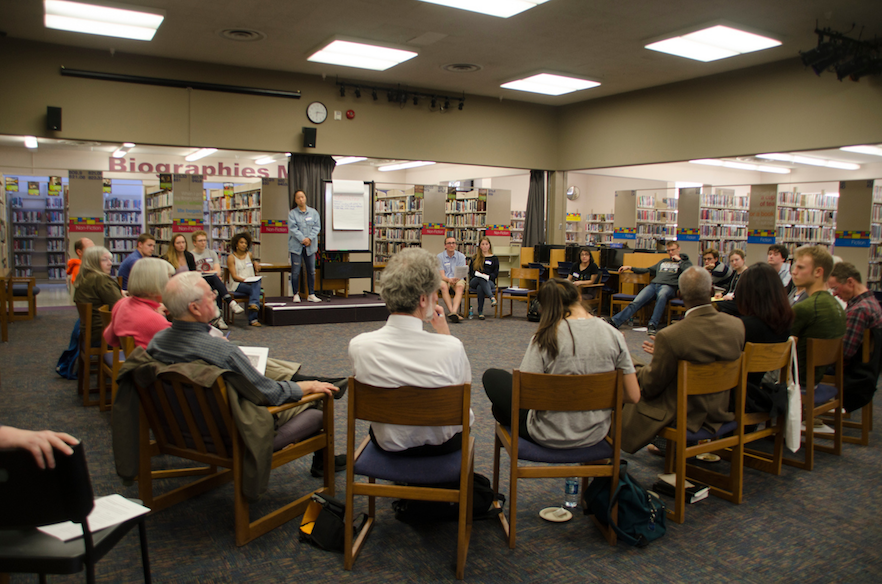 Whitman students and community members meet at the Walla Walla Public library to discuss "Teaching Justice: Civil Rights Education in Walla Walla Schools" on April 13.