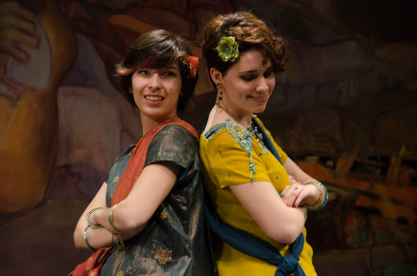 Lizzi Wong '19 (left) and Laura Rivale '19 perform the Mitwa, a popular song in Bhangra music, at Whitman's 2017 InterNation Celebration in the Reid Campus Center basement.
