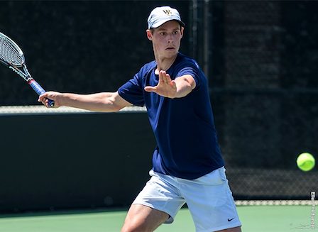 Zach Hewlin '18 spars with Carnegie Mellon University's Daniel Levine during the NCAA Division III Men's Singles Championship. Photo courtesy of Whitman Athletics