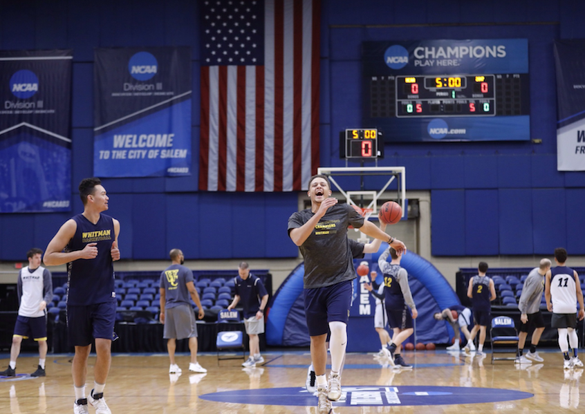 Cedric Jacobs-Jones '19 (center), a wing, dances down the court between practice drills with teammate JoJo Wiggins '18 (left), a forward majoring in politics.