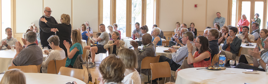 Chuck Cleveland, vice president for student affairs/dean of students at Whitman, receives a hug from his wife, Pat Sorenson ’86, at his retirement party, held yesterday in the Reid Campus Center’s Young Ballroom, upon 36 years of employment with the college.