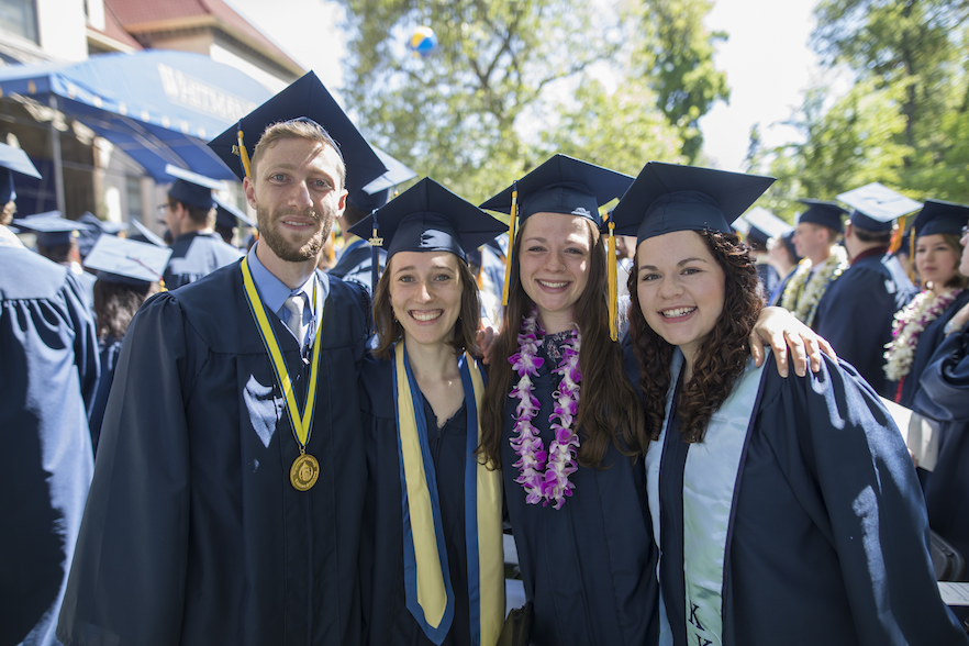 Double take, from left: Twins Collin Faunt '17 (physics) and Jess Faunt '17 (politics-environmental studies) of Portland, Oregon, with Maggie Gose '17 (biology) and Chloe Gose '17 (sociology) of Bellevue, Washington. 