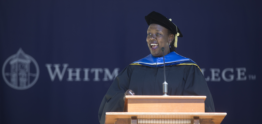 Wanjiru Kamau-Rutenberg '01 addresses the crowd during the college's 131st Commencement. 