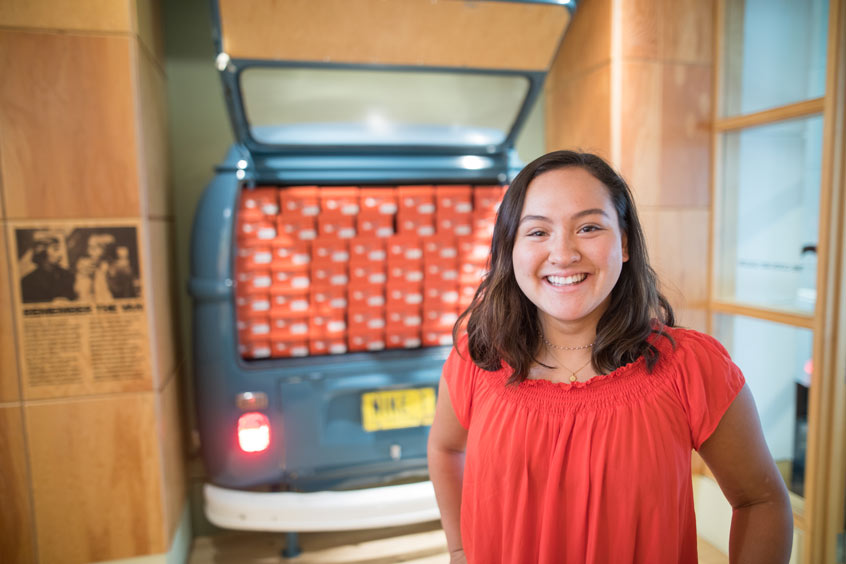 Sarah Holloway in Prefontaine Hall, at Nike headquarters in Beaverton, Oregon