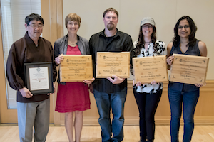 From left: Assistant Professor of Japanese Ron Takemoto, Associate Professor of Geology Kirsten Nicolaysen, Senior Lecturer of Theatre and Technical Director Nate Tomsheck, Assistant Professor of Rhetoric Studies Heather Hayes and Associate Professor of Chemistry Dalia Rokhsan. Not pictured: Associate Professor of Mathematics Doug Hundley and Assistant Professor of Psychology Erin Pahlke. 