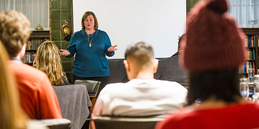 Danielle Garbe Reser speaks to a room of Whitman College students.