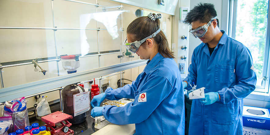 Kaia Martin and Jack Chen work in a chemistry laboratory.