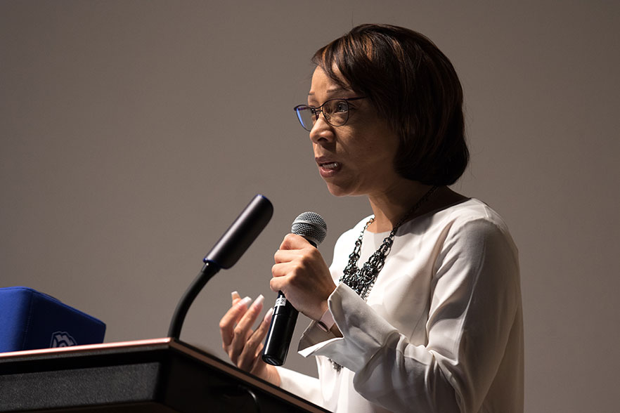 Director of the Counseling Center Rae Chresfield speaks to students during a Power and Privilege Session about mental health for people of color.