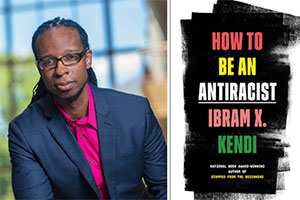 A composite image of Ibram X. Kendi and the book cover for "How to be an Antiracist"