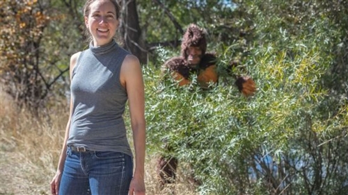 Laura Krantz with Bigfoot looming in the background