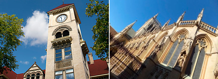 The image shows side-by-side photos of the spires on a college at Cambridge University and an aerial shot of Whitman College’s Memorial Hall clocktower.