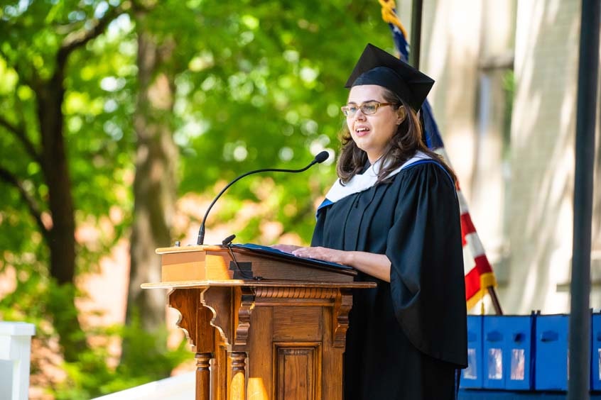 Commencement Speaker Jena Griswold ’06 speaking to graduates during the 2021 Commencement Ceremony