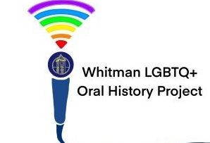 The text Whitman LGBTQ+ Oral History Project Logo is next to a microphone with multi-colored sound waves above it.