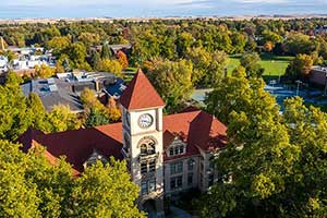 The Memorial Building clock tower aerial view during summer.