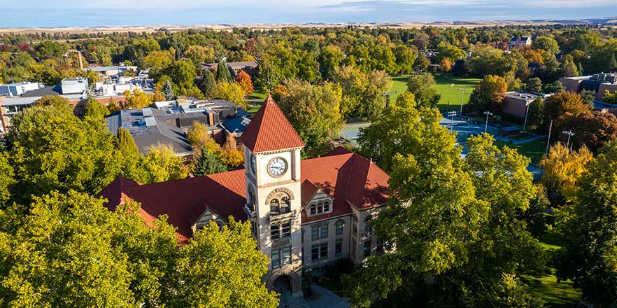 The Memorial Building clock tower aerial view during summer.