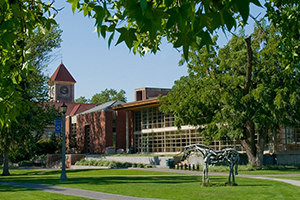 Whitman College campus - Penrose Library and Styx sculpture