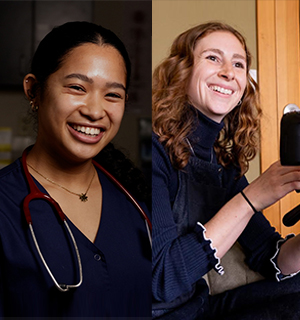 On left, Katie Jose, wearing scrubs; On right, Annie Means operating a camera.