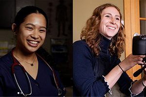 Katie Jose (left) wearing dark blue scrubs and with a stethoscope around her neck; Annie Means (right) wearing a dark blue shirt, operating a camera on a tripod.