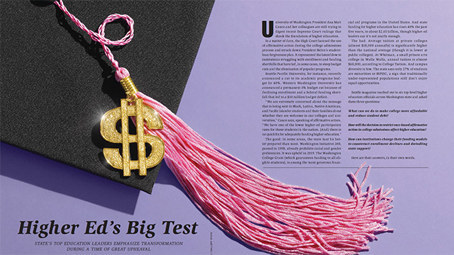 Two pages of a magazine story titled Higher Ed's Big Test. In the top left corner is part of a black graduation cap with a red tassels and a gold dollar symbol charm.