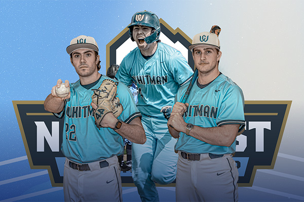 Three Whitman College Baseball teammates in front of the NWC Tournament logo.