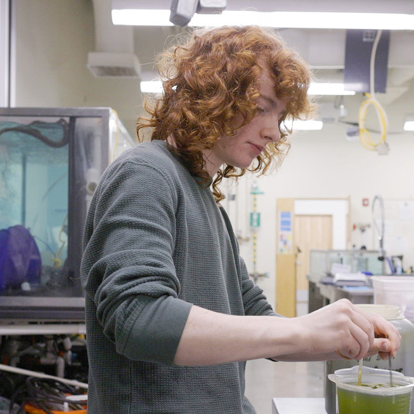 Whitman College student Caine Ryan working in a science lab.