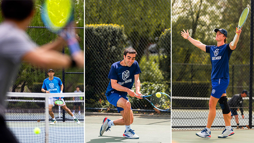 Three Whitman College Men's Tennis players competing on Whitman courts.