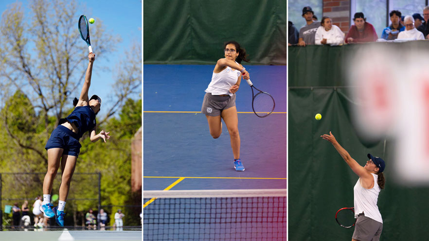 Split image of three Women Tennis team players in action shots in the tennis courts.