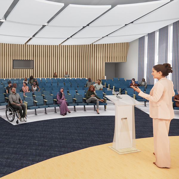 MAAM cad design of someone facing the audience in the auditorium.