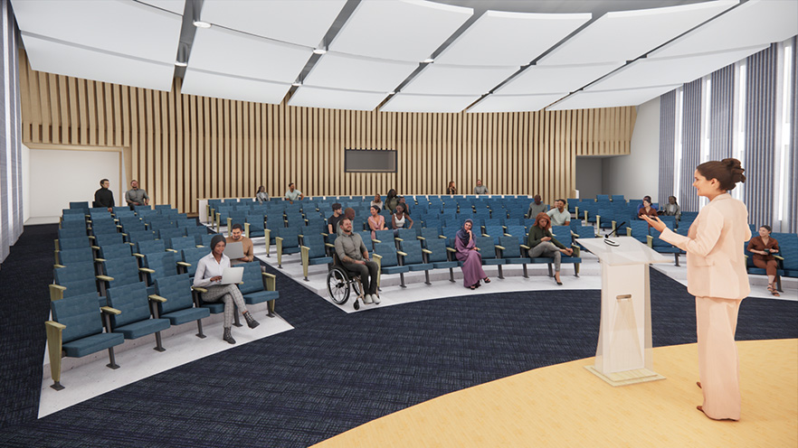 MAAM cad design of someone facing the audience in the auditorium.