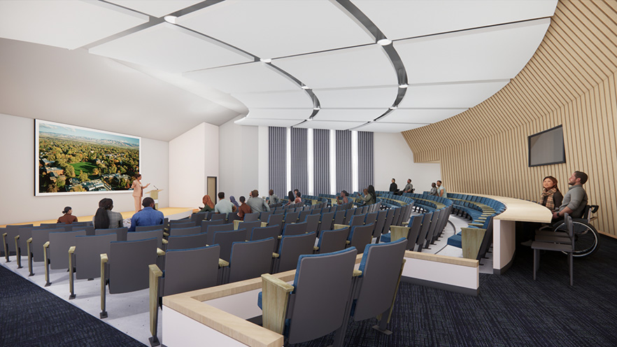 MAAM cad design view of people facing towards the stage.