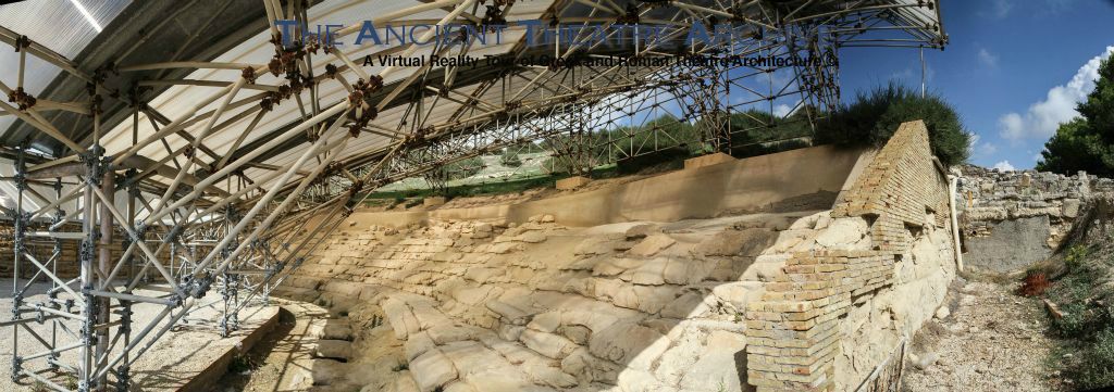 Protective roof, weathered seating, analemmata and parodos (side entrance into the orchestra) details at Heraclea Miinoa. Photo: T. Hines 2018.