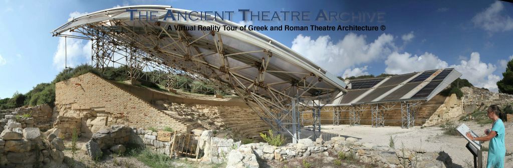 Protective roof( finished in 1999) and weathered theatron (seating secion) detail at Heraclea Minoa. Photo: T. Hines 2018.