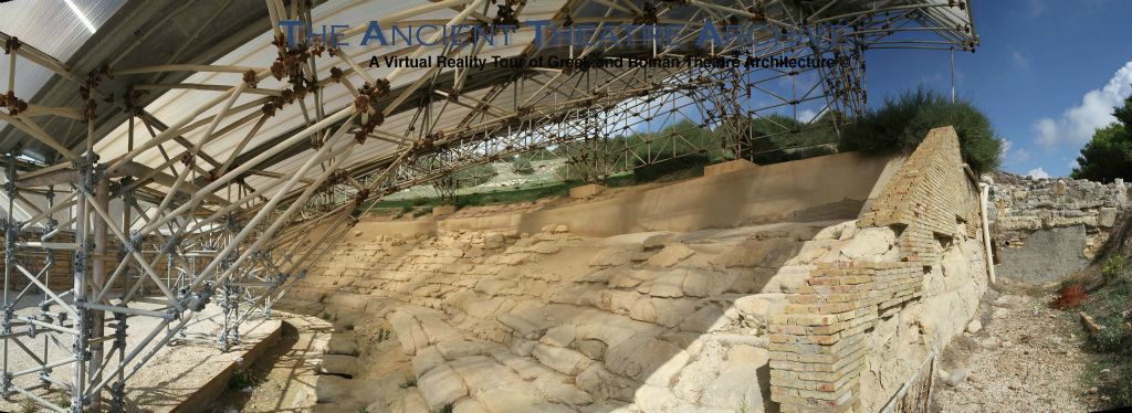 Protective roof( finished in 1999) and weathered theatron (seating secion) detail at Heraclea Minoa. Photo: T. Hines 2018.