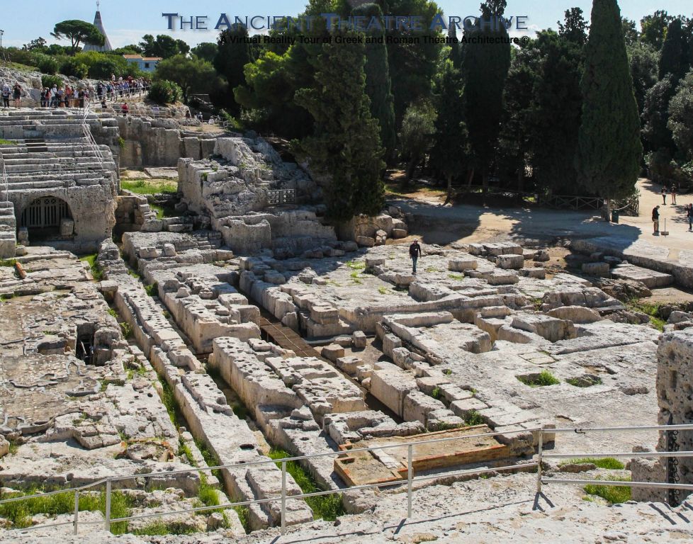 Aulaeum (curtain) slots were cut into the stage as were holes for 12 posts that supported the curtain (in Roman theatre curtains were raised from below the stage).  Photo: T. Hines.